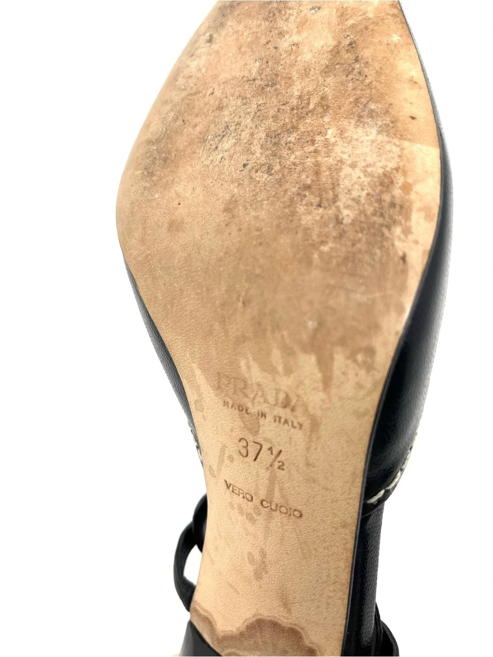 Vintage Prada 90s Black Leather Pointed Toe Grommet Slingback Kitten Heels 37.5 - Picture 8 of 10